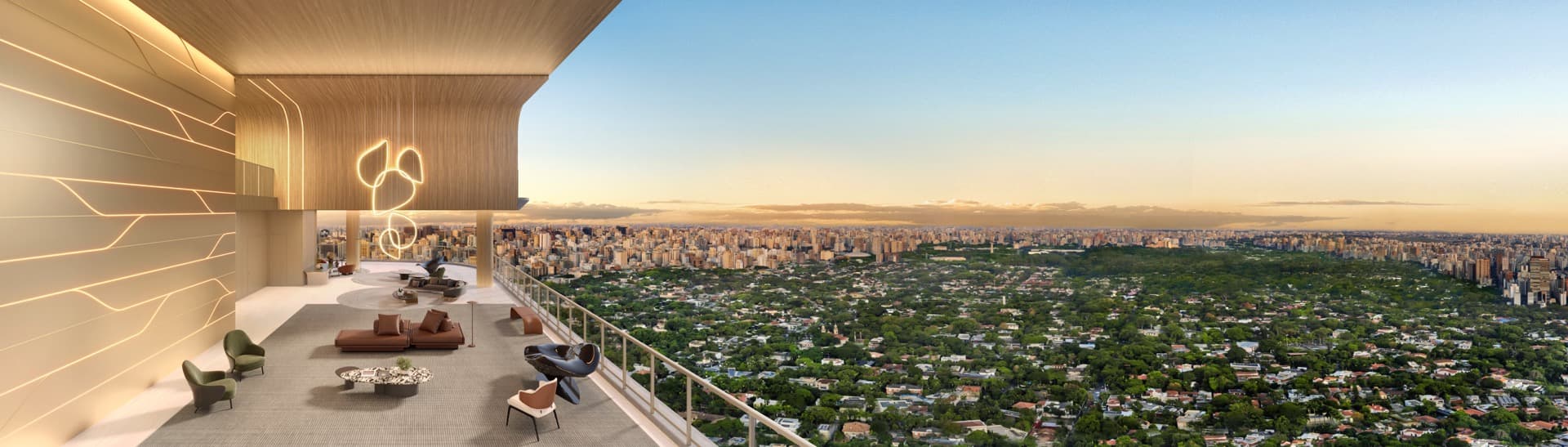 Terraço de uma das casas, com estar coberto em madeira e a vista aberta sobre o verde do Jardim Europa