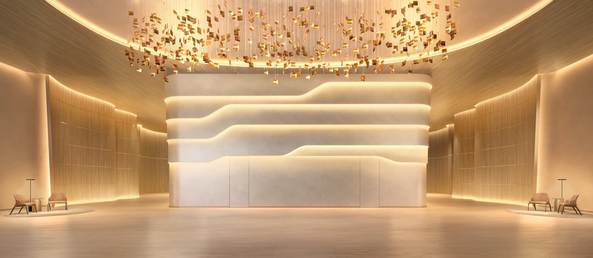 Lobby residencial com balcão em pedra retroiluminada de contorno orgânico, paredes curvas em madeira ripada e uma instalação de centenas de folhas douradas suspensas no teto