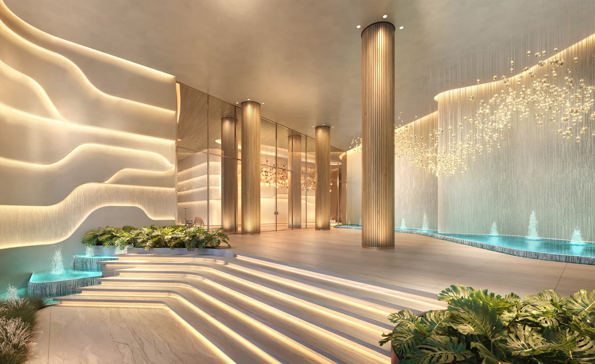 Segundo ângulo do lobby residencial, com a escultura de luz sobre a área de estar