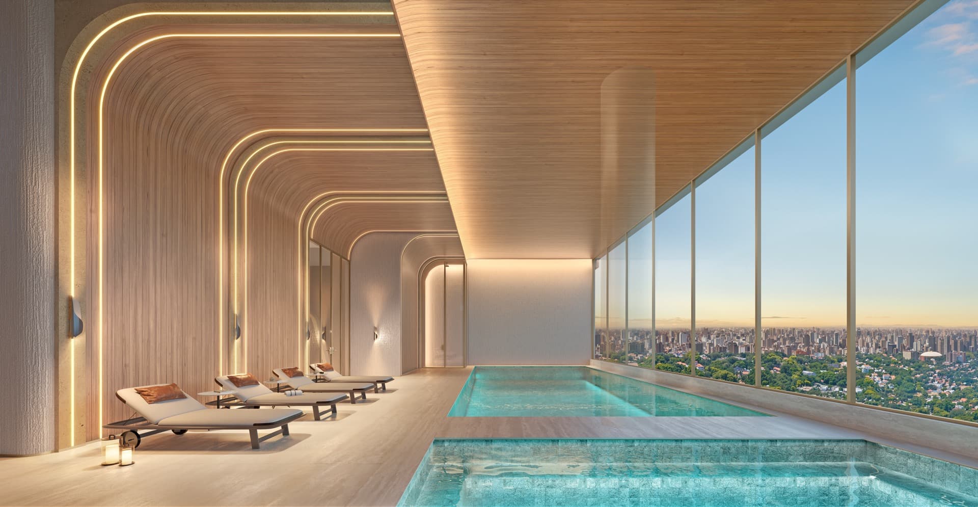 Piscina coberta do 51º pavimento, com o horizonte de São Paulo pelo vidro
