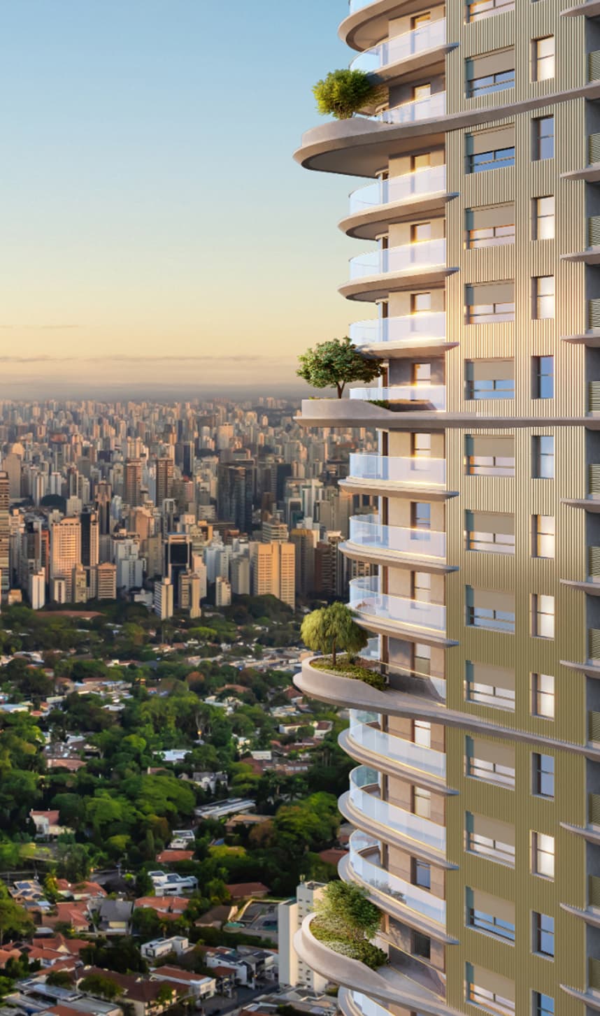 Vista do alto do Epic Jardim Europa, sobre as copas do Jardim Europa e o horizonte de São Paulo ao entardecer