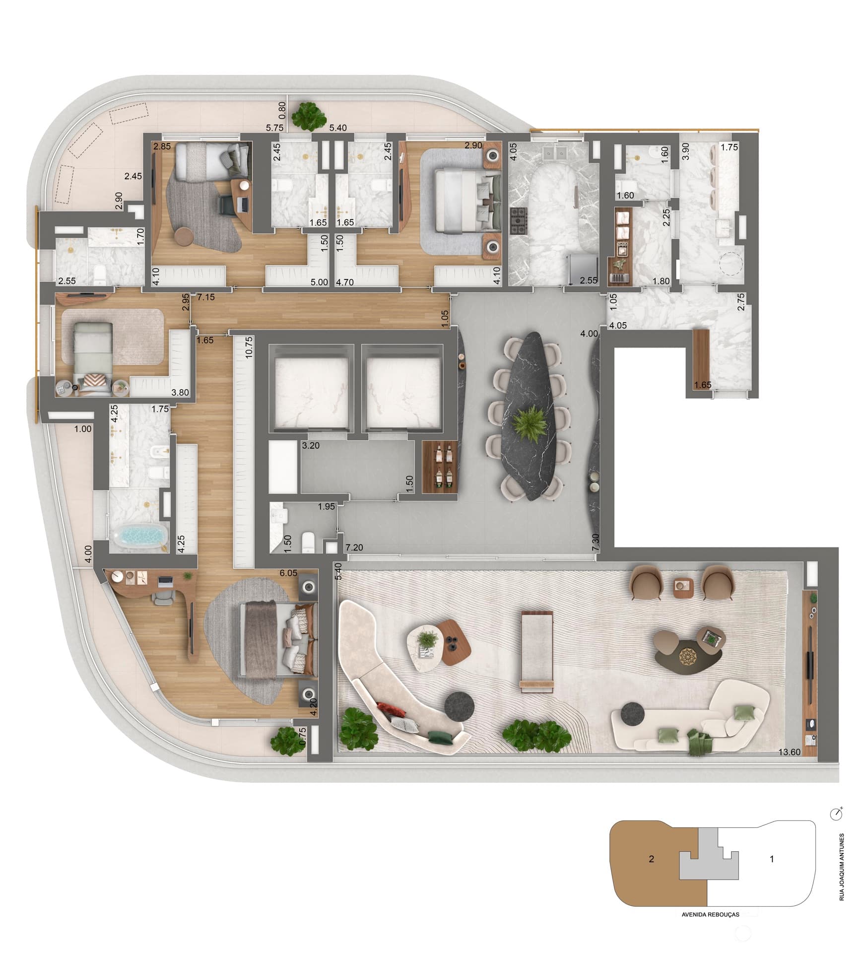 Planta baixa do apartamento de 339,98 m², versão padrão