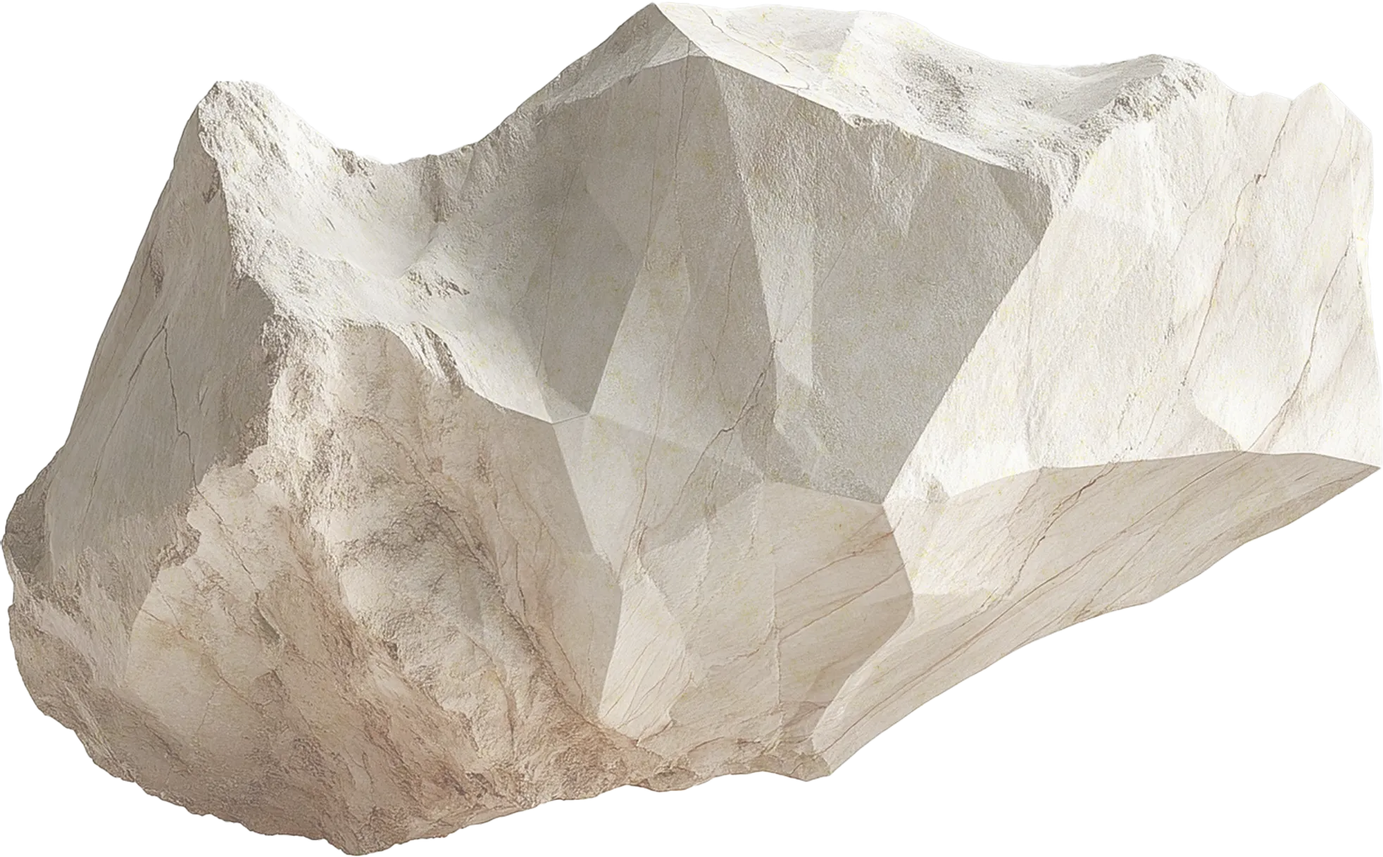 Uma pedra bruta clara, facetada, com veios rosados: a pedra antes da lapidação, a imagem da marca do Almaz.