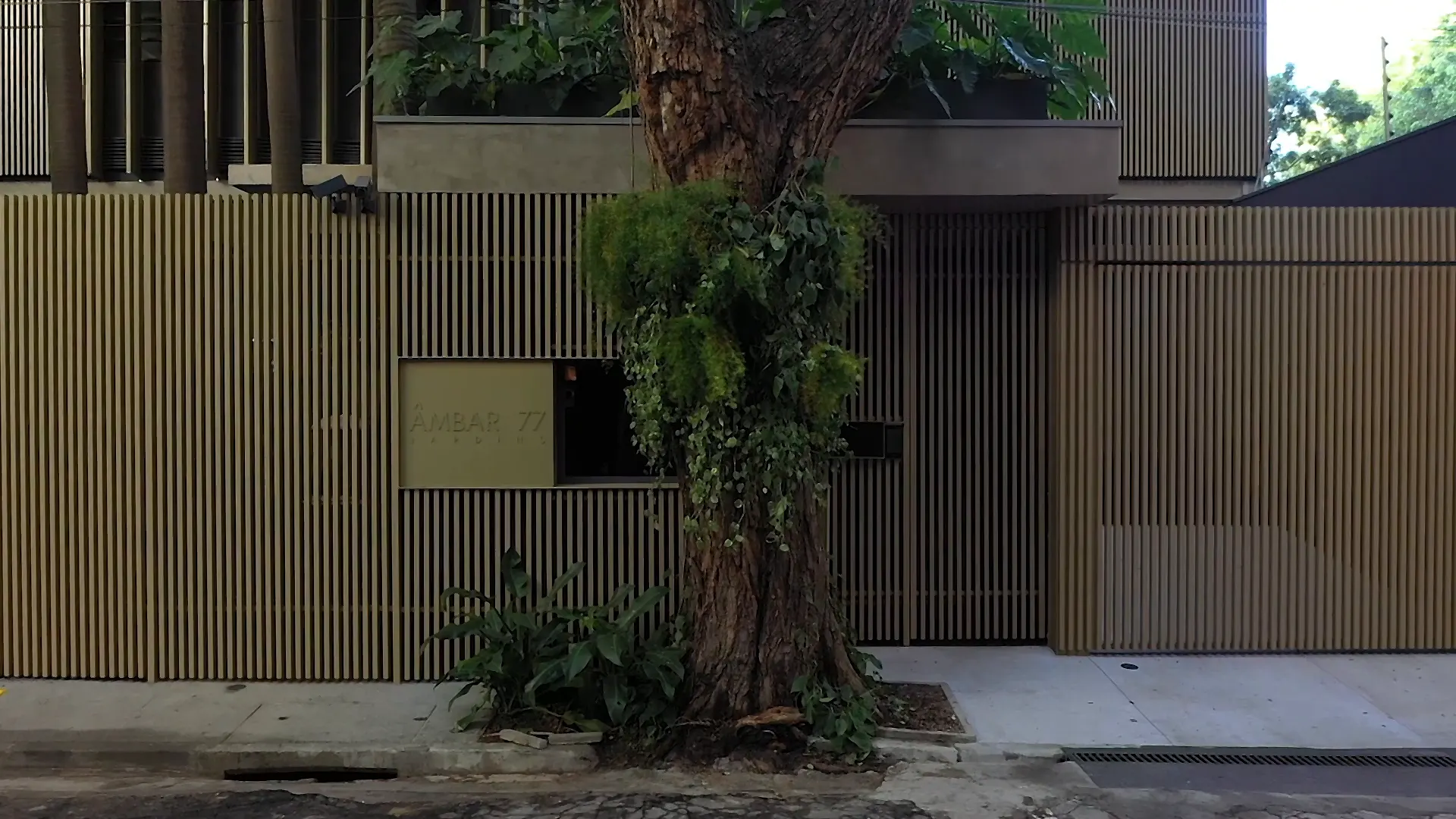 A entrada do Âmbar Jardins vista da calçada: o muro de ripas cáqui do chão ao primeiro andar, a placa com o nome no meio, uma árvore de tronco grosso coberta de trepadeira e a jardineira por cima.