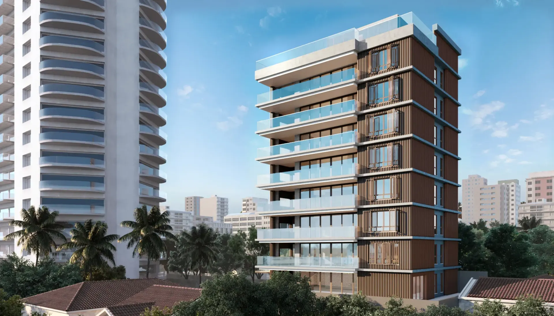 A torre do Âmbar Jardins de dia: os oito andares de ripas marrons com varandas de vidro em balanço, a piscina no alto e os prédios vizinhos em volta.