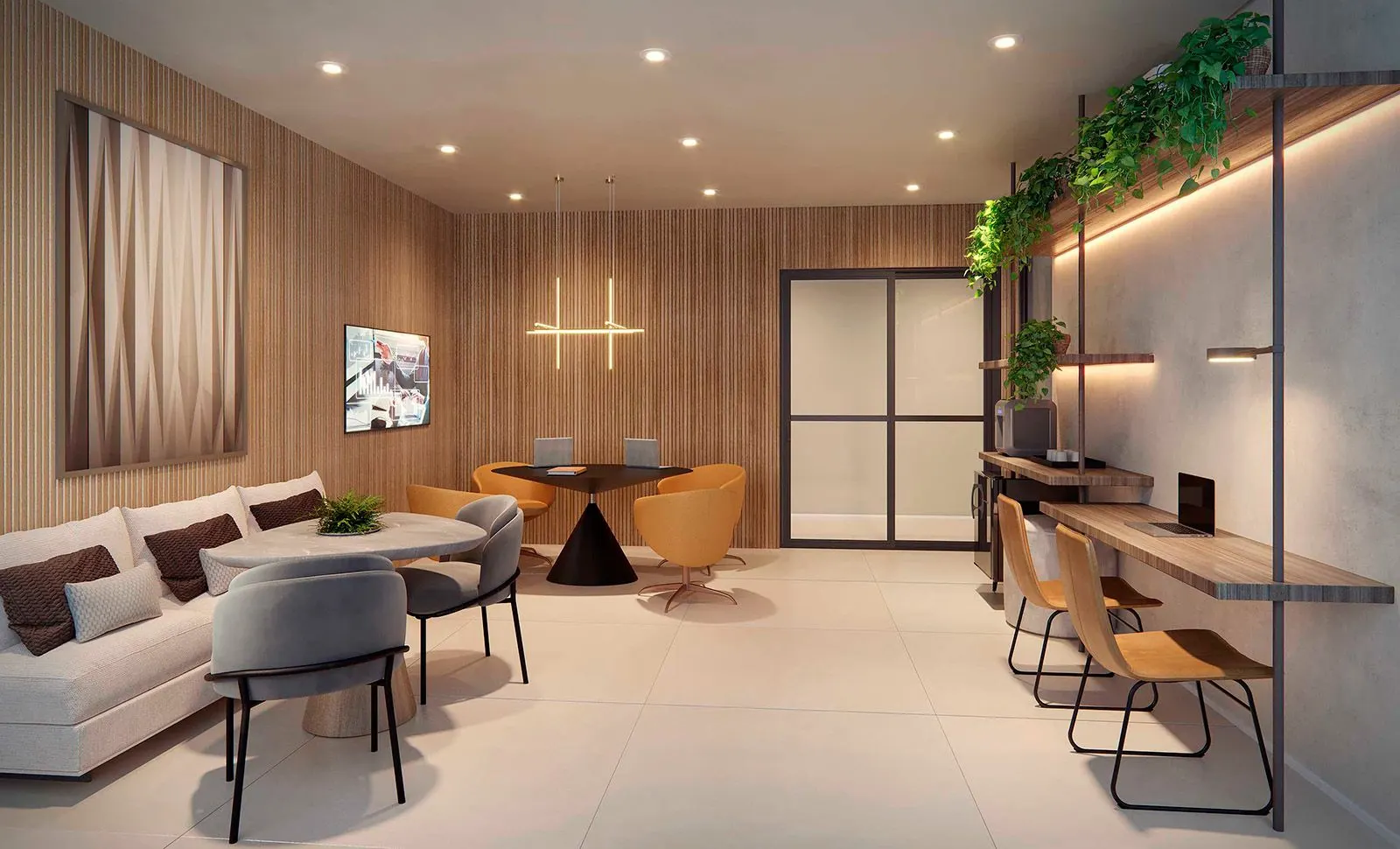 O coworking: sofá, mesa de reunião redonda e bancada de trabalho ao longo da parede, com plantas pendentes.