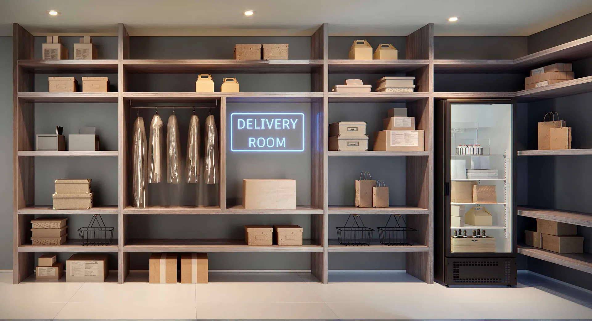 O delivery space: estantes para as entregas e uma geladeira para os itens refrigerados.