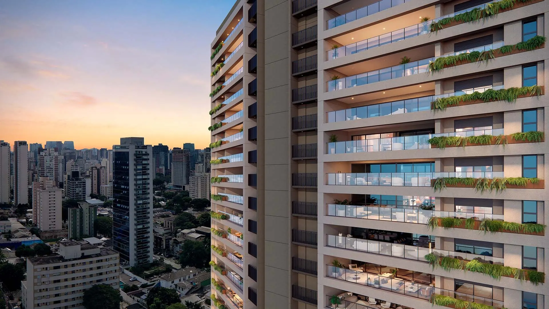 A torre ao entardecer, vista de lado: os terraços com floreiras e as luzes acesas, e o Brooklin até o horizonte.