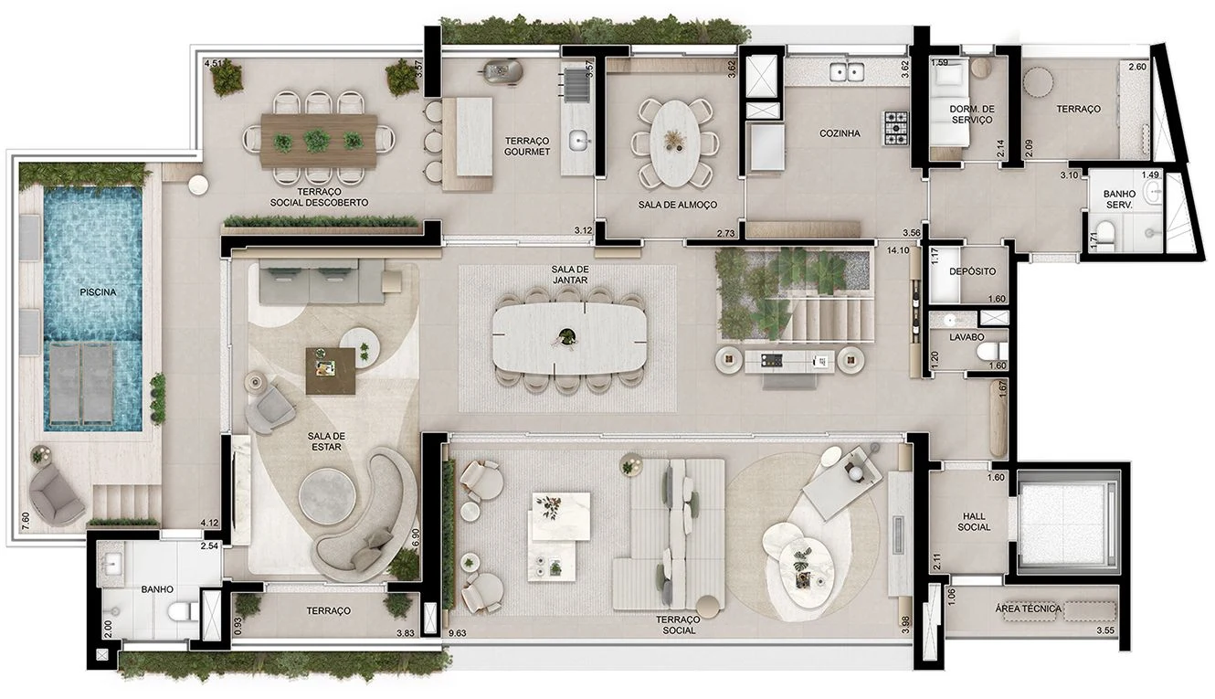Planta do piso inferior da cobertura duplex, com a piscina no terraço, o living e as suítes.