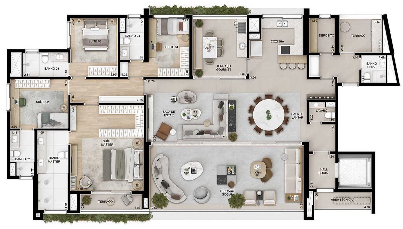 Planta opção do 262 m² com a cozinha aberta para o living, ilha no centro e o depósito aberto.