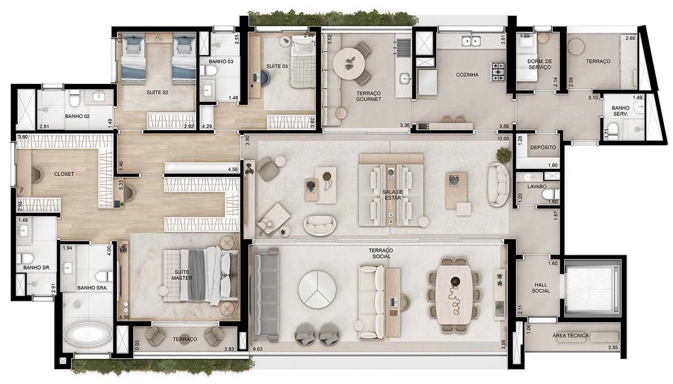 Planta opção do 262 m² com três suítes, a master ampliada e com dois banheiros.