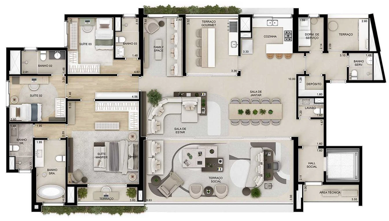 Planta opção do decorado: cozinha aberta com ilha, family space e a suíte master com dois banheiros.