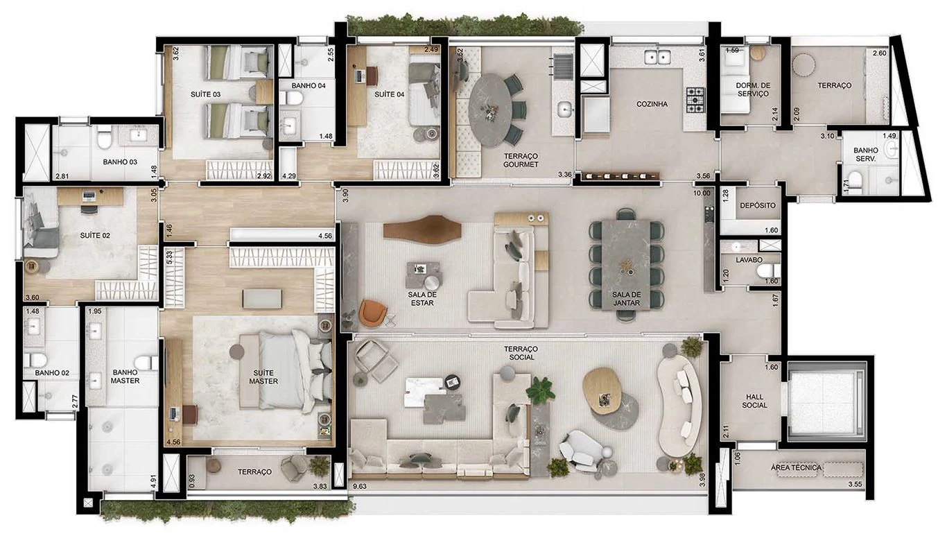 Planta tipo do 262 m²: as quatro suítes de um lado, o living no meio e a cozinha e o serviço do outro.
