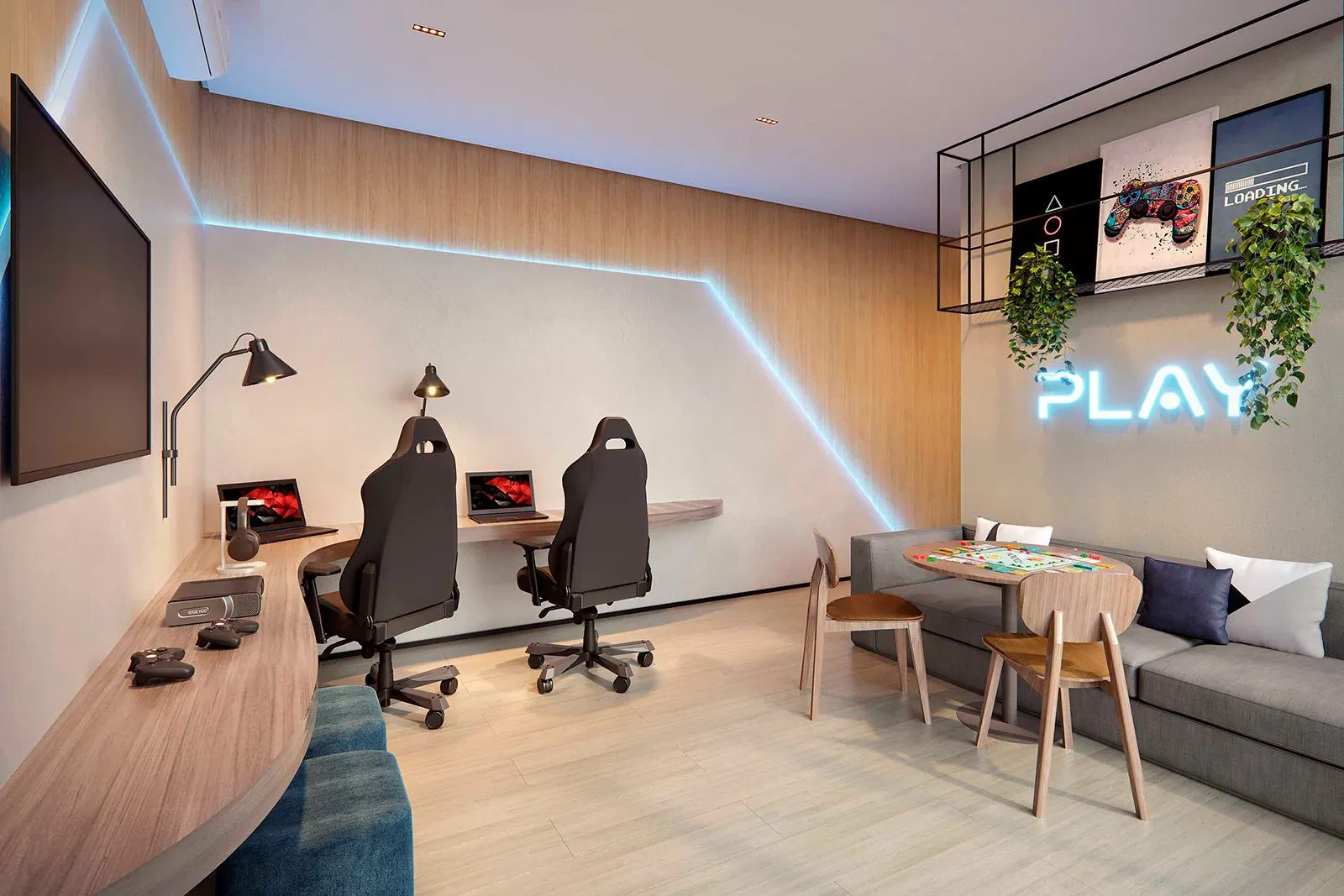 A sala gamer: duas cadeiras de jogo diante de uma bancada curva, uma mesa de jogos e a palavra PLAY em neon na parede.