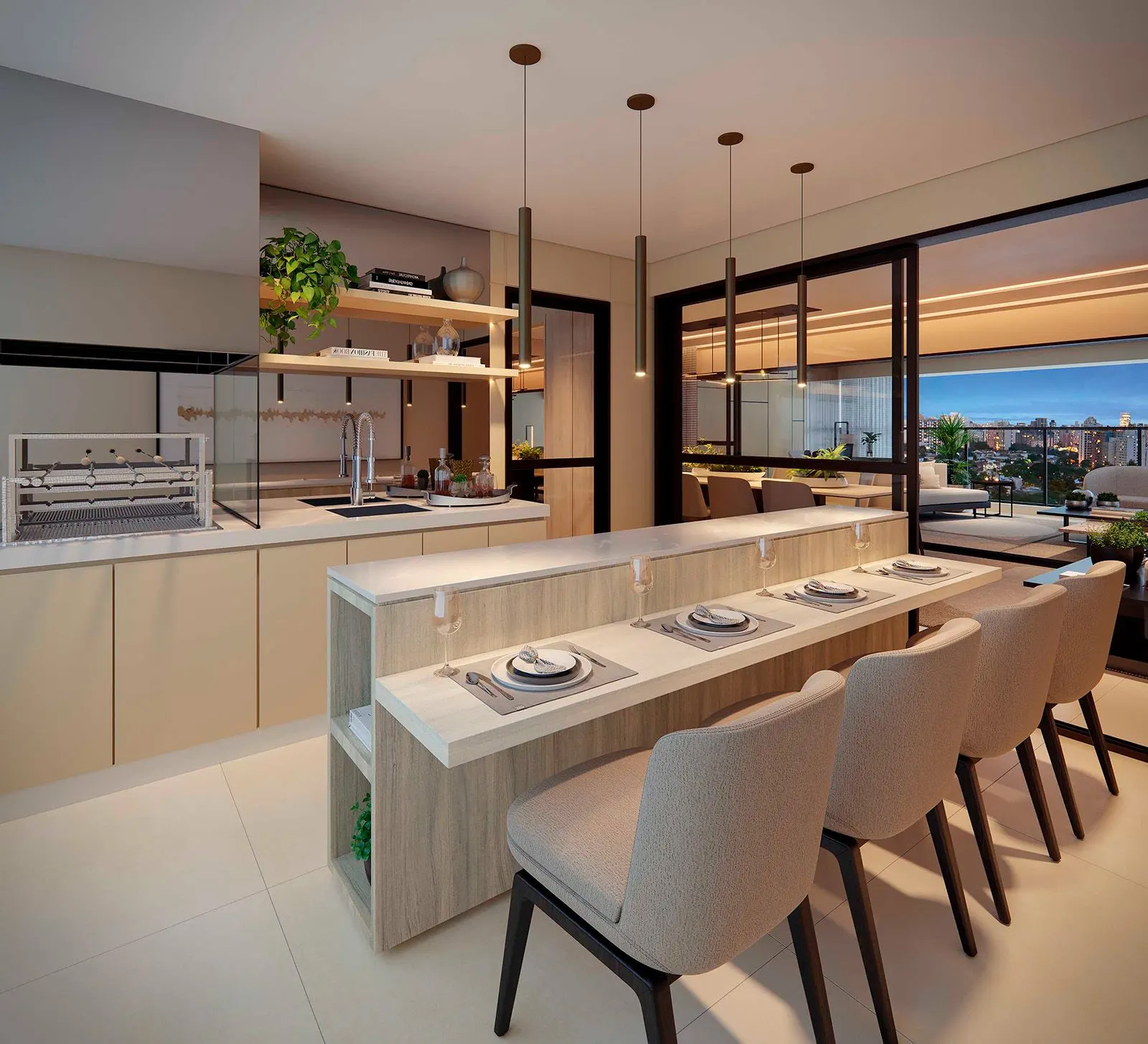 O terraço gourmet decorado: bancada com banquetas e cooktop junto da churrasqueira, aberto para a vista do bairro ao entardecer.