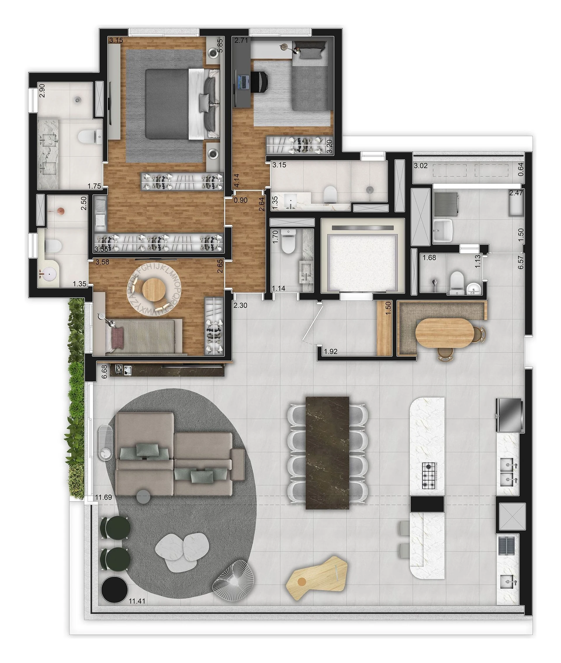 Planta de 181 m² com 3 suítes, sala ampliada e cozinha aberta para o living, com a copa, o terraço social ao longo da sala e a sugestão de decoração, vista de cima.