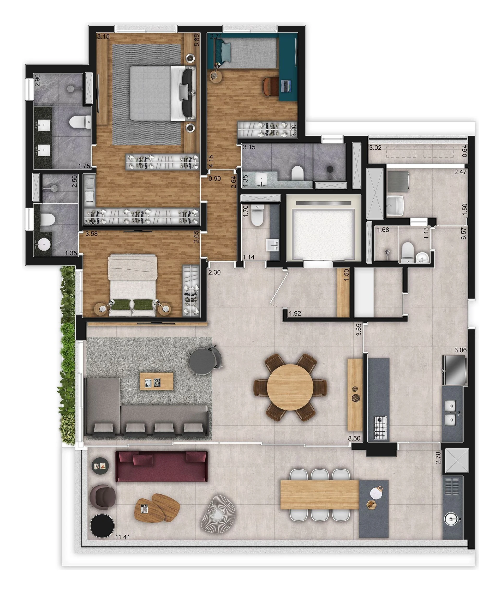 Planta de 181 m² com 3 suítes, sala ampliada e cozinha fechada com copa, o terraço social ao longo da sala e a sugestão de decoração, vista de cima.