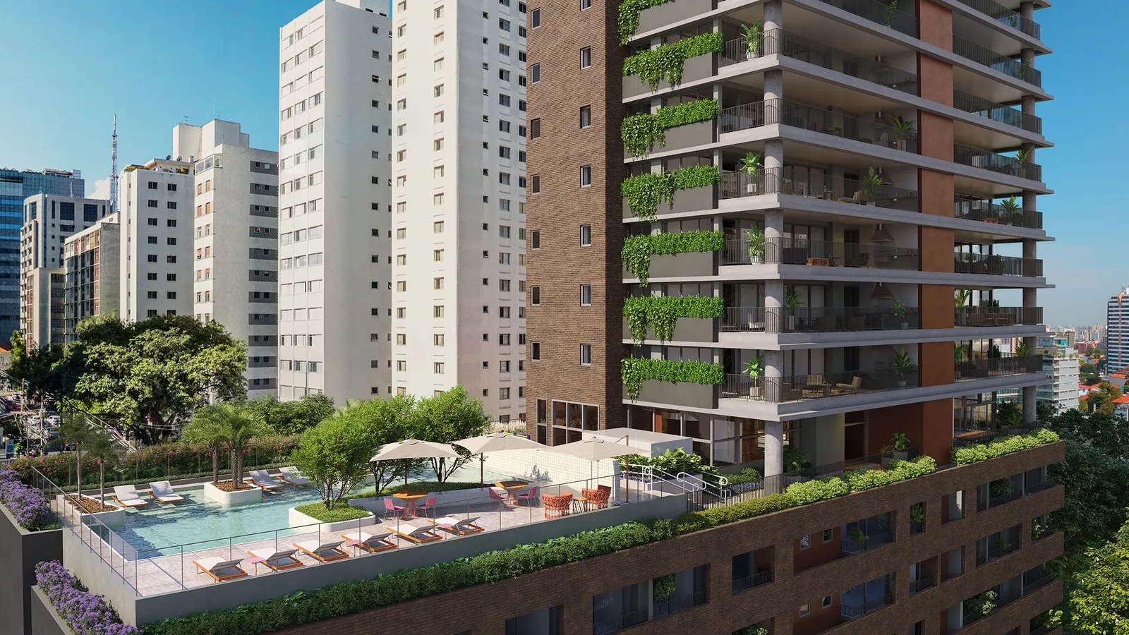O lazer elevado visto do alto: a piscina com o deque e as espreguiçadeiras, os canteiros de árvores e a torre de tijolo e vidro, entre os prédios do bairro.