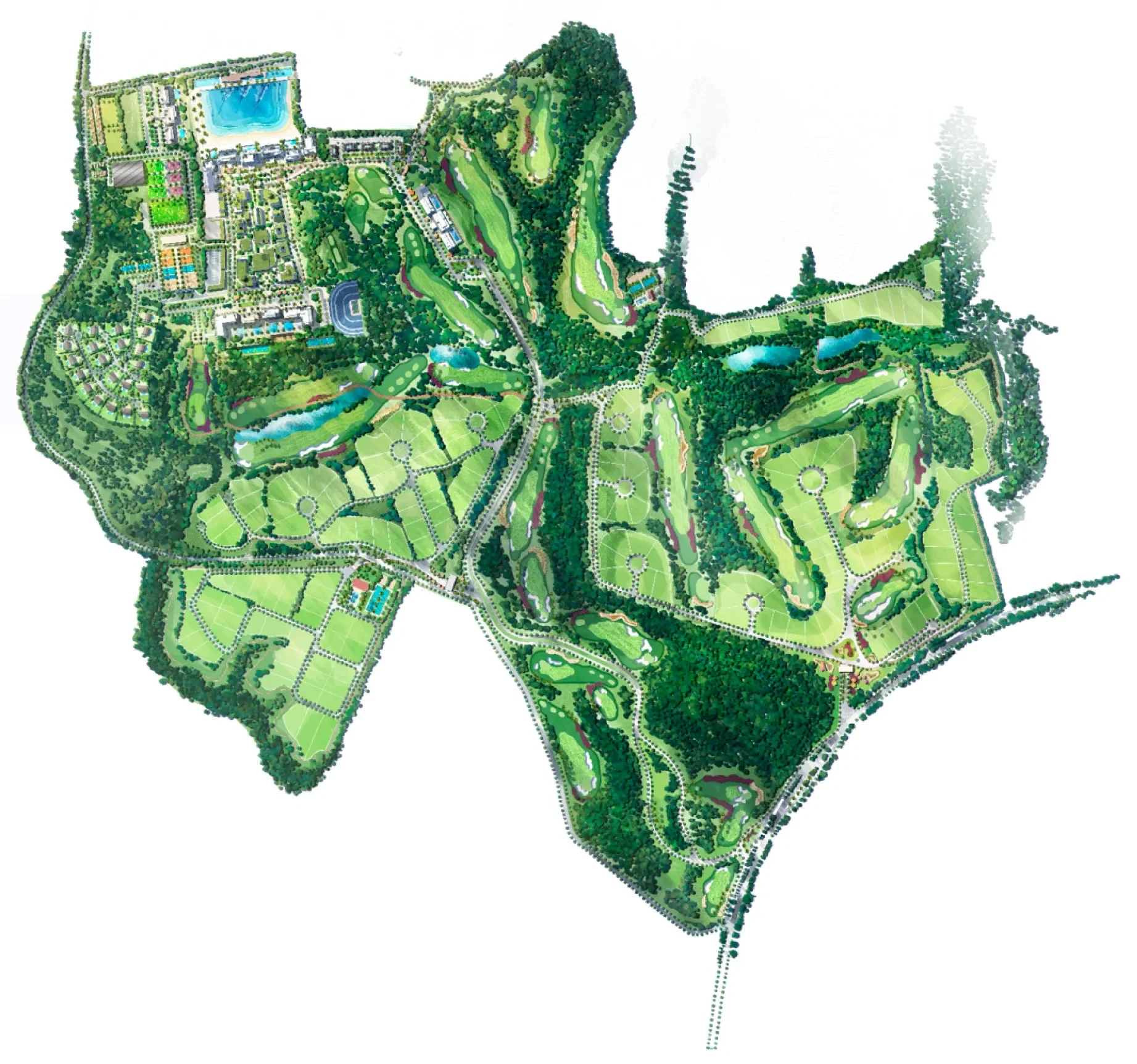 Master plan ilustrado do Boa Vista Village: a piscina de ondas no alto, à esquerda, o campo de golfe de 18 buracos atravessando o terreno e as quadras de lotes entre os fairways.
