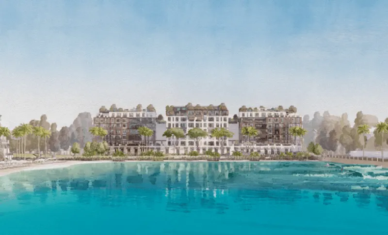 Perspectiva ilustrada das Surfside Residences: edifícios brancos em terraços à beira da piscina de ondas, com palmeiras.
