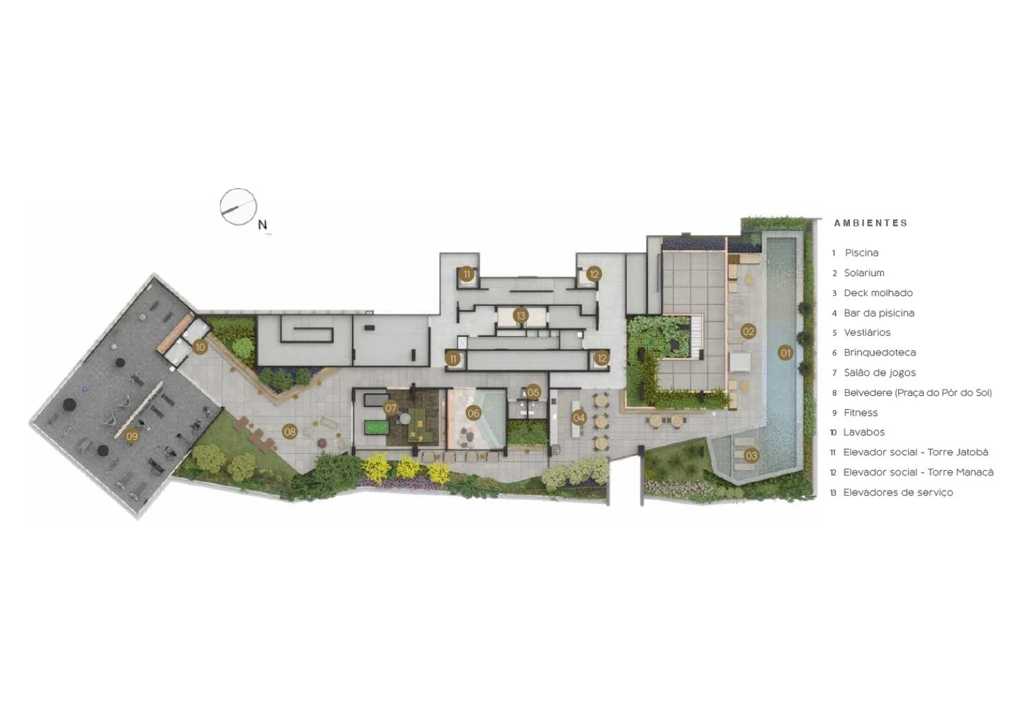 A implantação do 10º pavimento vista de cima: a piscina com raia, o deck, o belvedere, o fitness e os salões, com a lista numerada dos ambientes.