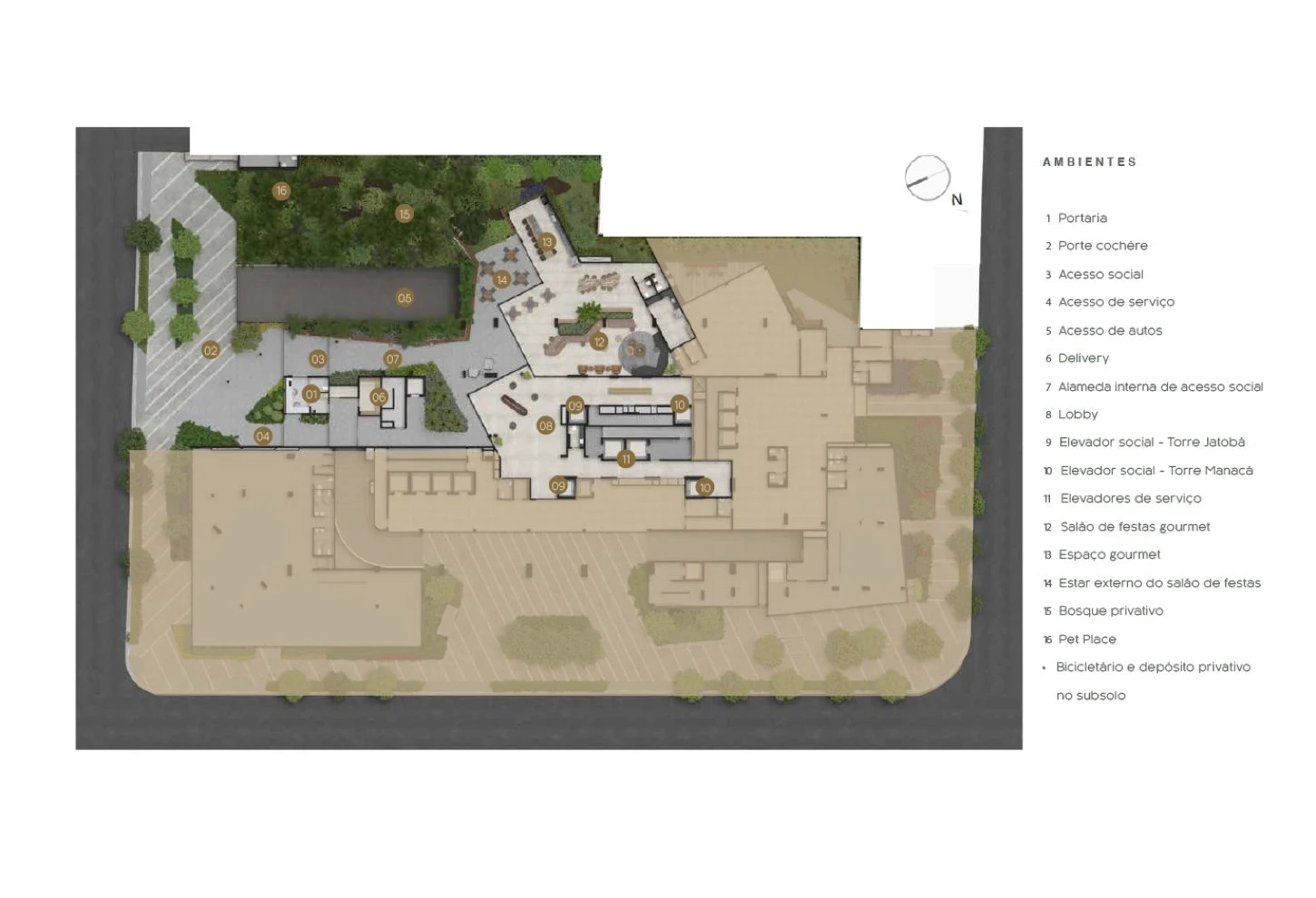 A implantação do térreo vista de cima: o porte-cochère, a alameda, o lobby, os salões e o bosque privativo, com a lista numerada dos ambientes.