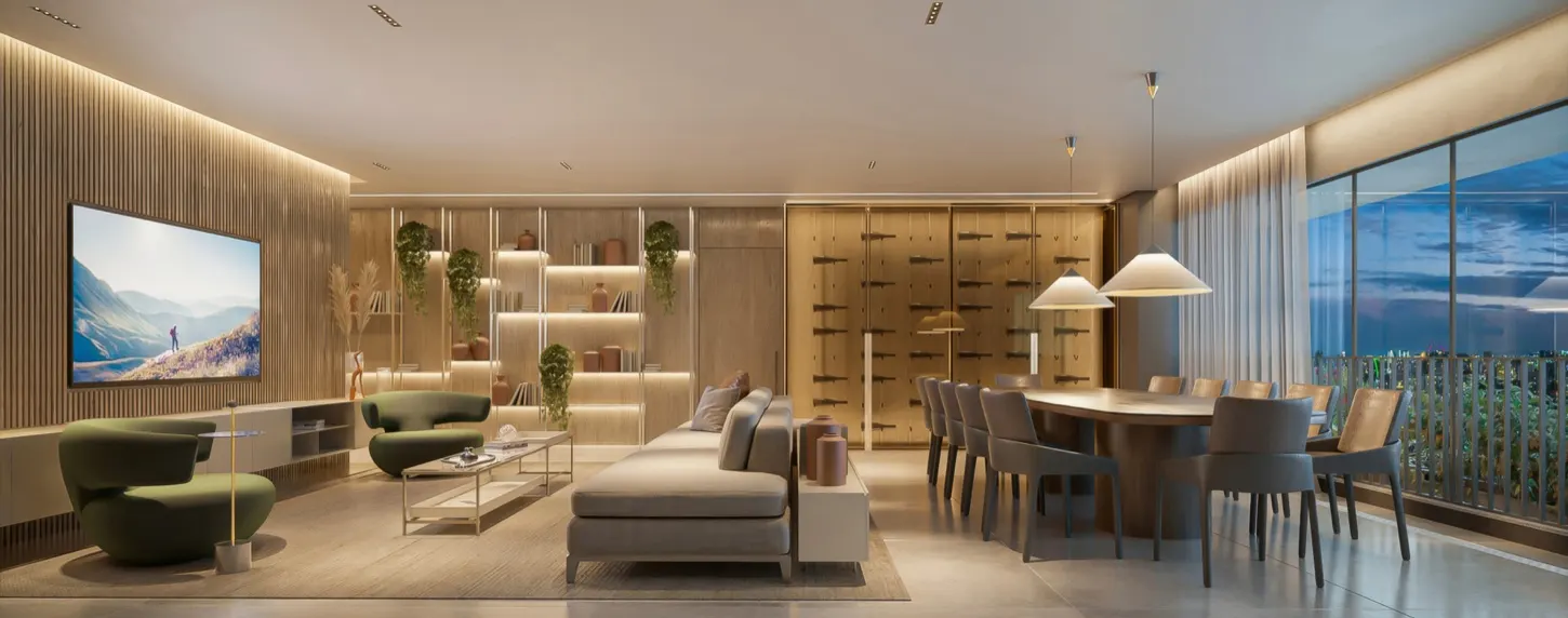 O living do apartamento de 194 m², com sofá claro, poltronas verdes, a mesa de jantar e a parede de vidro aberta para o terraço com plantas.