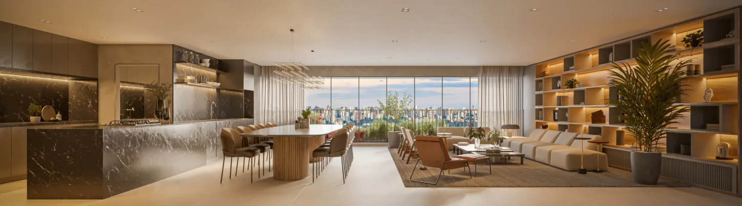 O living do apartamento de 237 m², com a bancada escura da cozinha, a mesa de jantar, o sofá e a estante iluminada, de frente para a cidade.