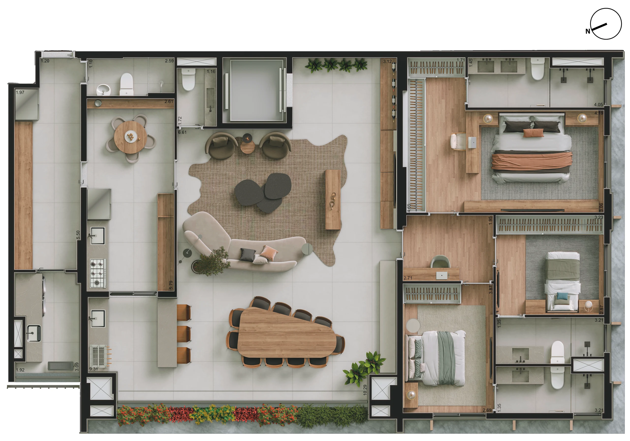 Planta ilustrada de 194 m² com 3 suítes: a área social e gourmet integrada ao terraço, a cozinha com copa, o lavabo, o espaço de serviço e as três suítes com banho.