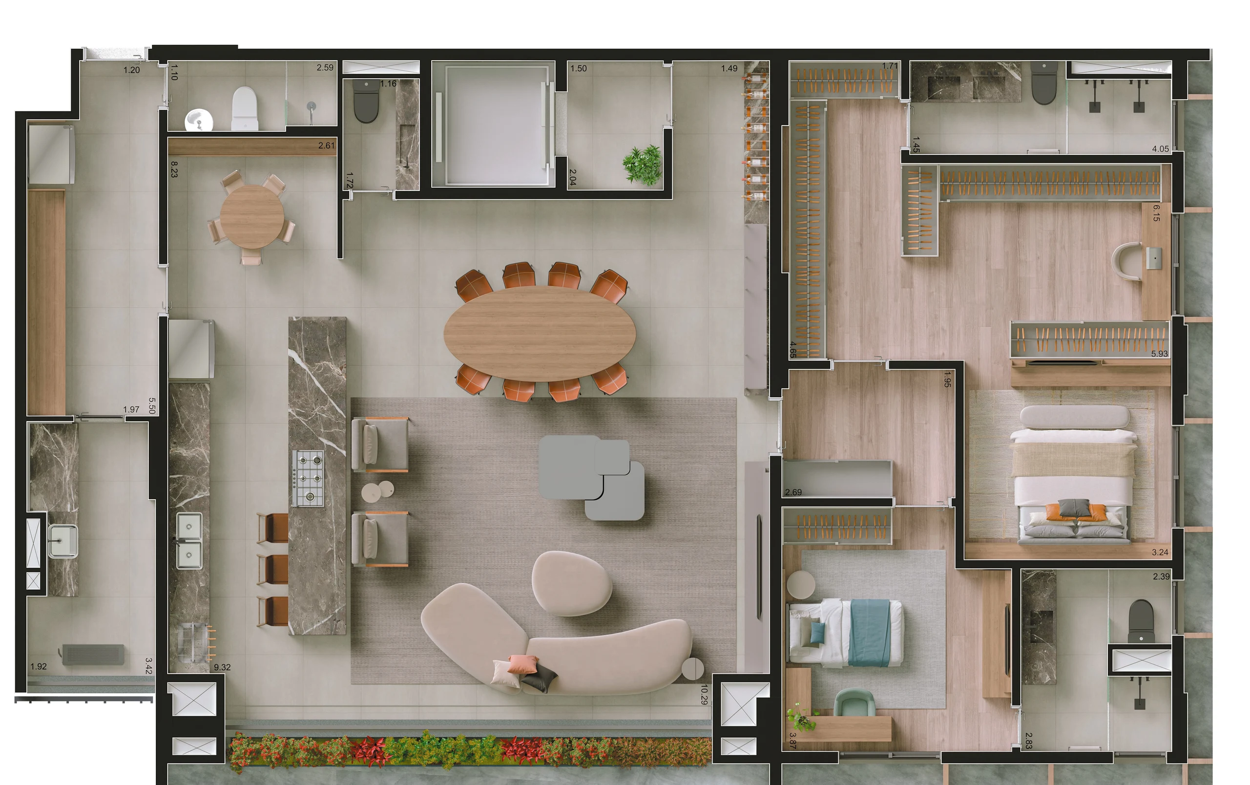 Planta ilustrada de 194 m² com 2 suítes ampliadas, a área social, a cozinha e o gourmet integrados, o lavabo e o espaço flexível de serviço.