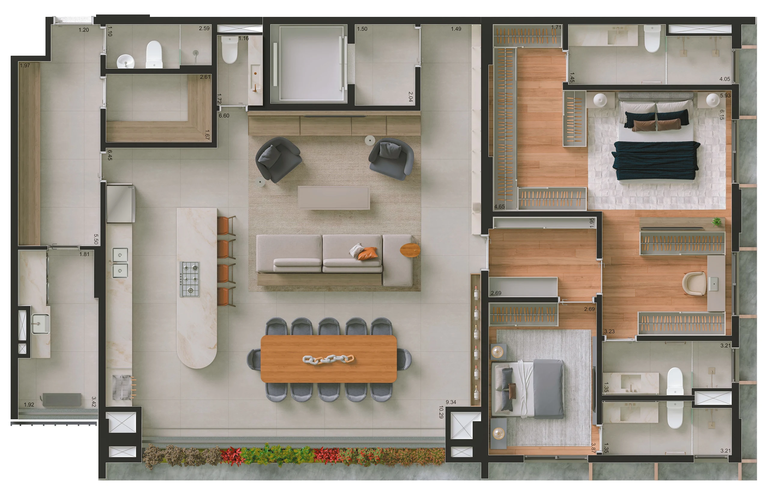 Planta ilustrada de 194 m² com 2 suítes: a suíte master ampliada com dois banhos, a área social, a cozinha e o gourmet integrados, o lavabo e a despensa.