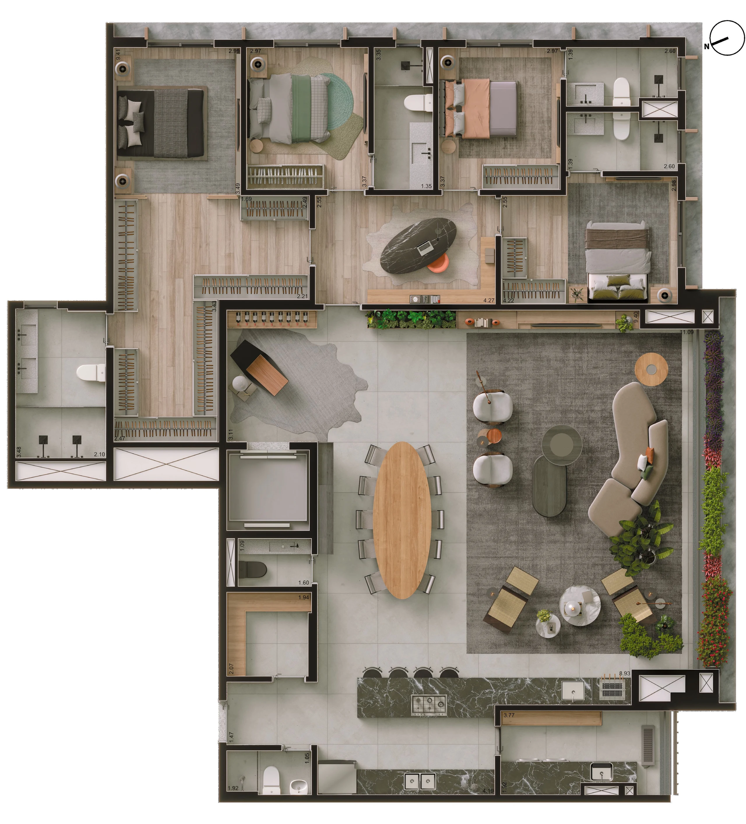 Planta ilustrada de 237 m² com 4 suítes e home office: a área social, a cozinha e o gourmet integrados ao terraço, o lavabo e a despensa.