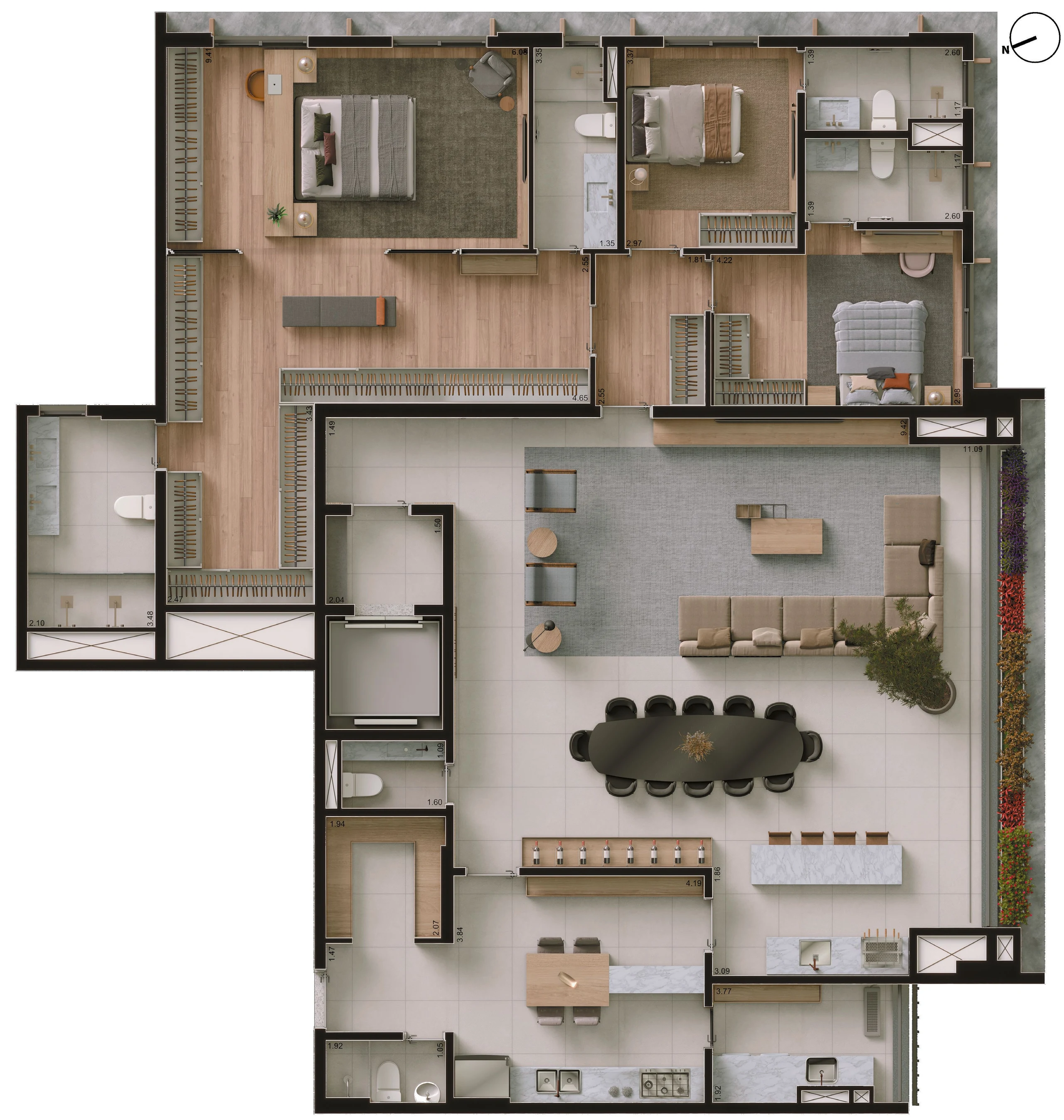 Planta ilustrada de 237 m² com 3 suítes, a suíte master ampliada com dois banhos, a área social e gourmet integrada, o lavabo e a despensa.