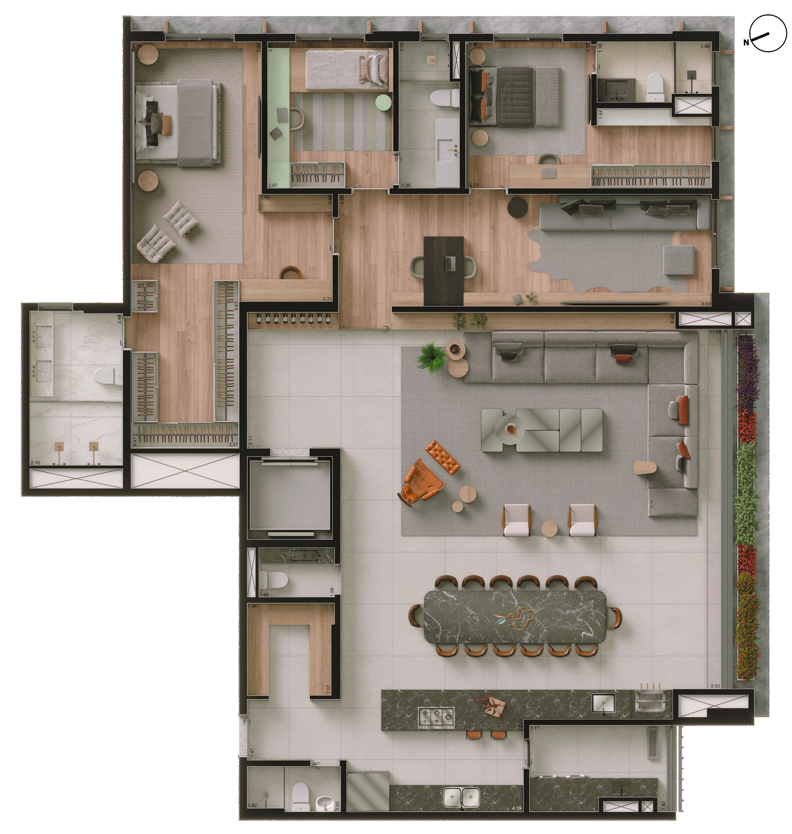 Planta ilustrada de 237 m² com 3 suítes e a sala íntima ampliada, a área social, a cozinha e o gourmet integrados, o lavabo e a despensa.