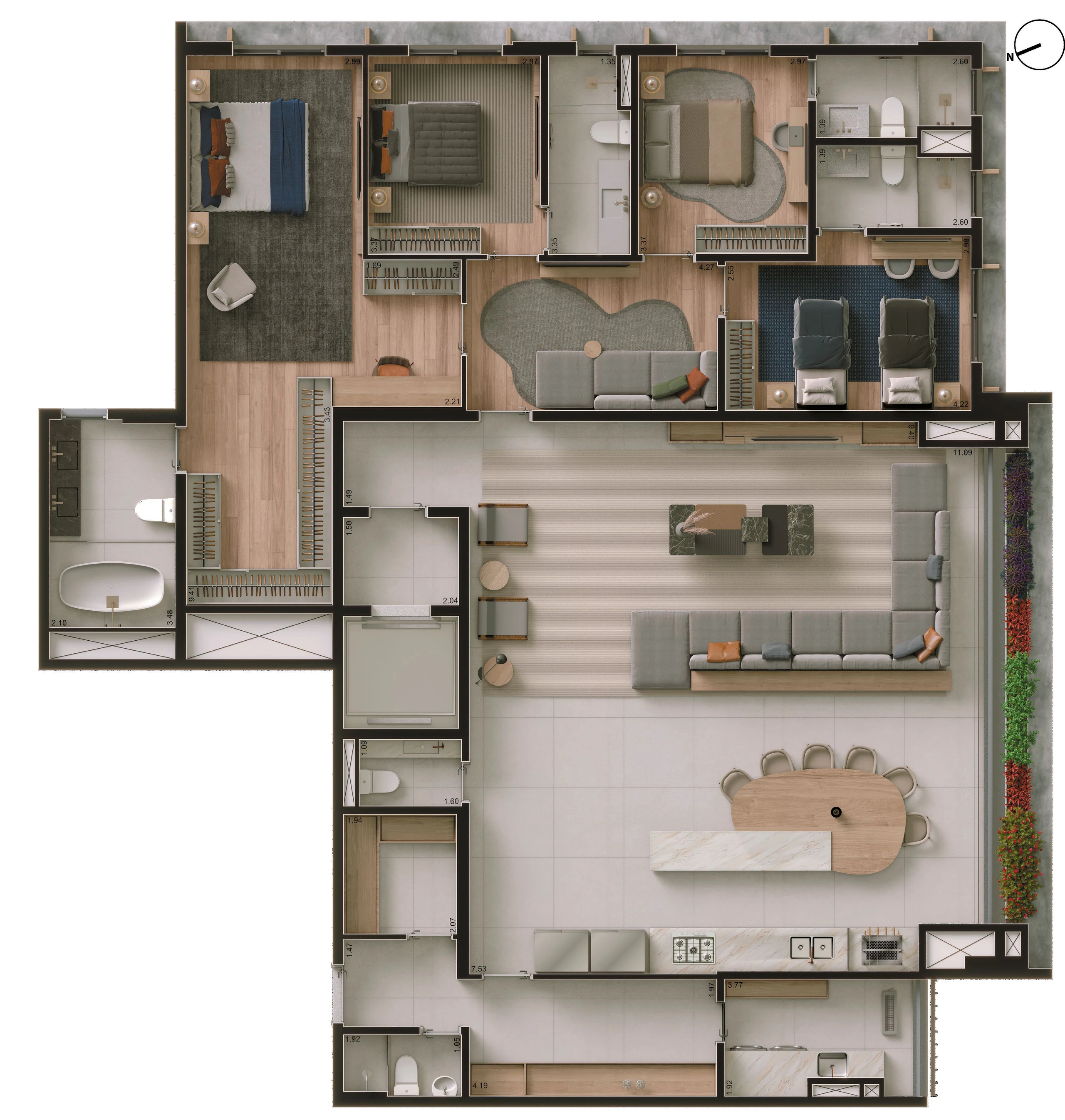 Planta ilustrada de 237 m² com 4 suítes e sala íntima: a área social, a cozinha e o gourmet integrados, o lavabo, a despensa e o espaço de serviço.