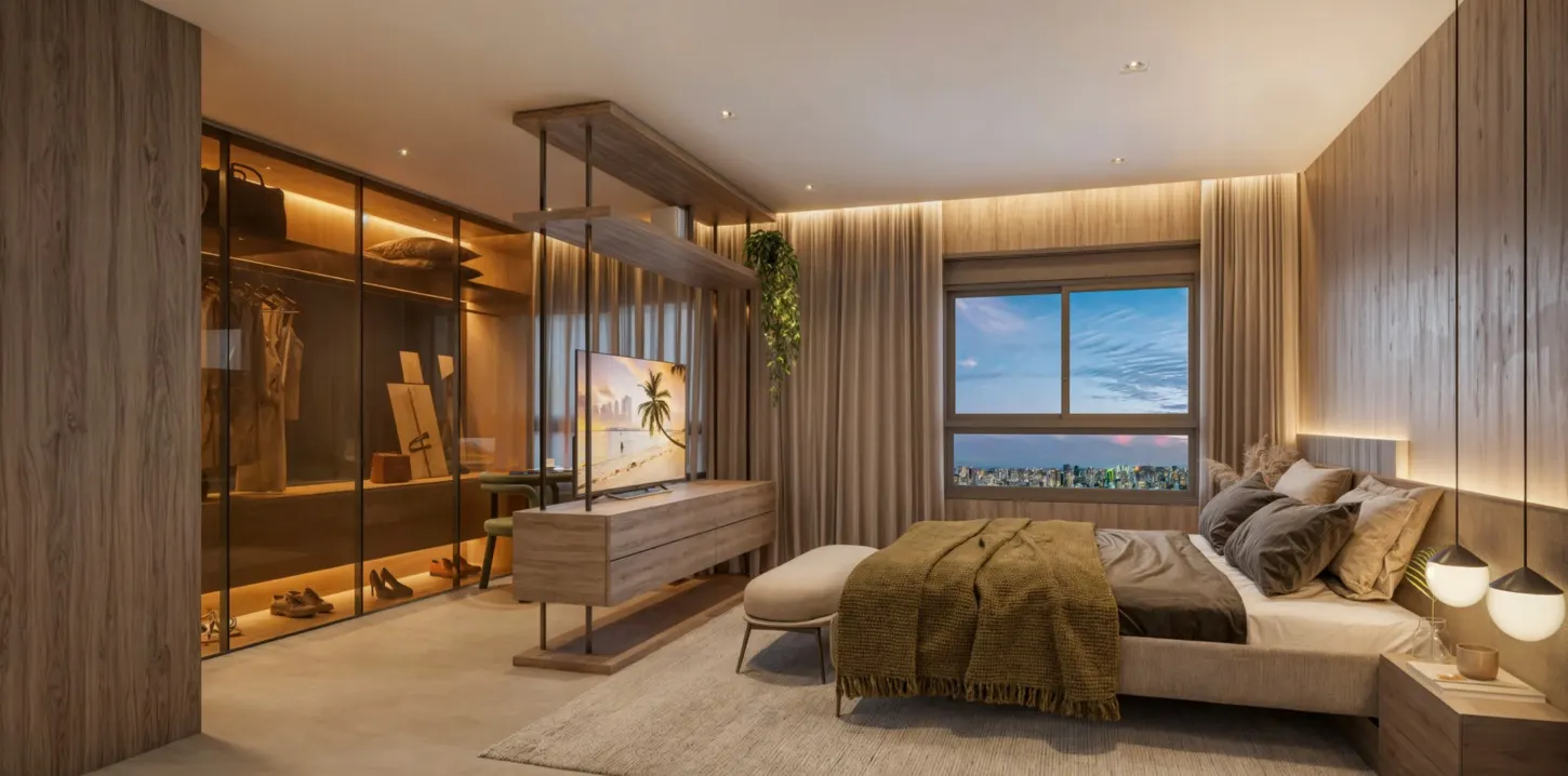 A suíte master ampliada do apartamento de 194 m², com o closet de portas de vidro, a cama e a janela para a cidade.