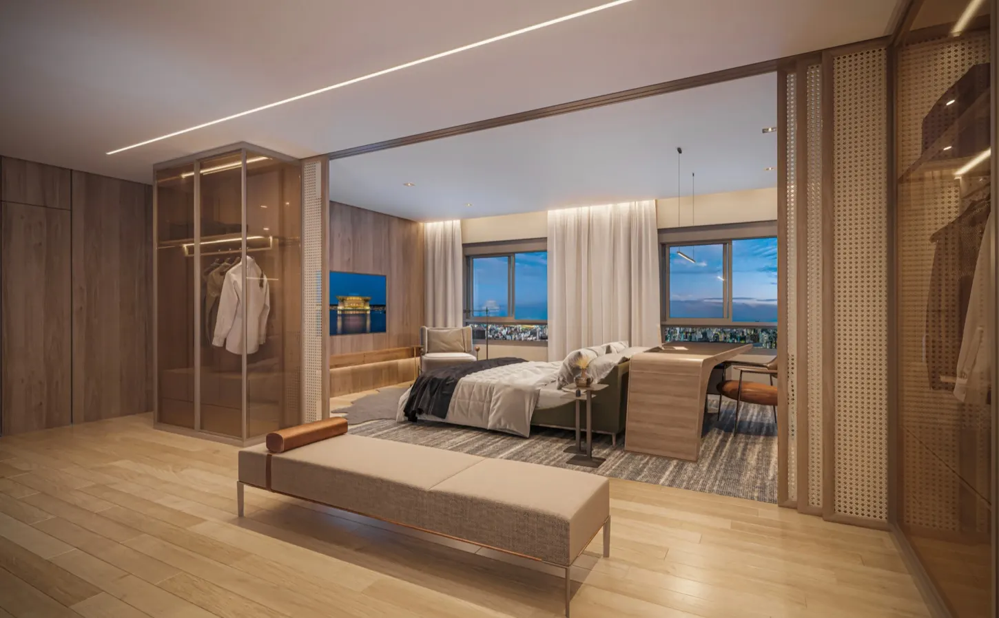 A suíte master ampliada do apartamento de 237 m², com o closet aberto de madeira, a cama e a janela para a cidade.