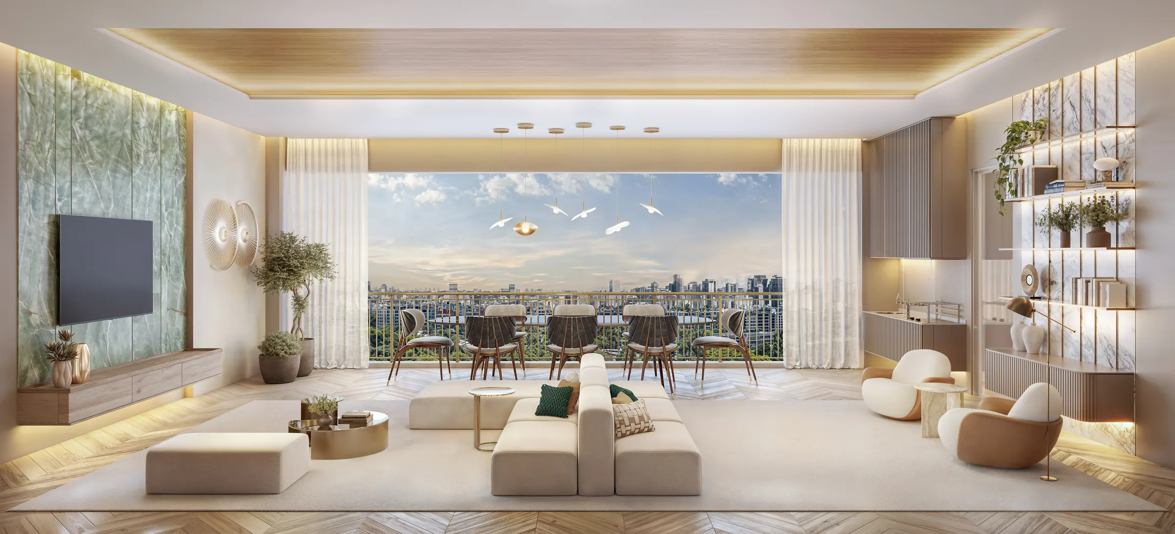 Living do apartamento decorado, com esquadria de piso a teto aberta para a vista da cidade.