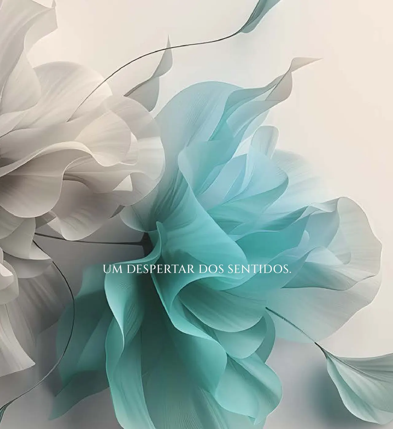 Escultura de papel em tons de turquesa e branco, no formato de uma flor, da campanha do empreendimento.