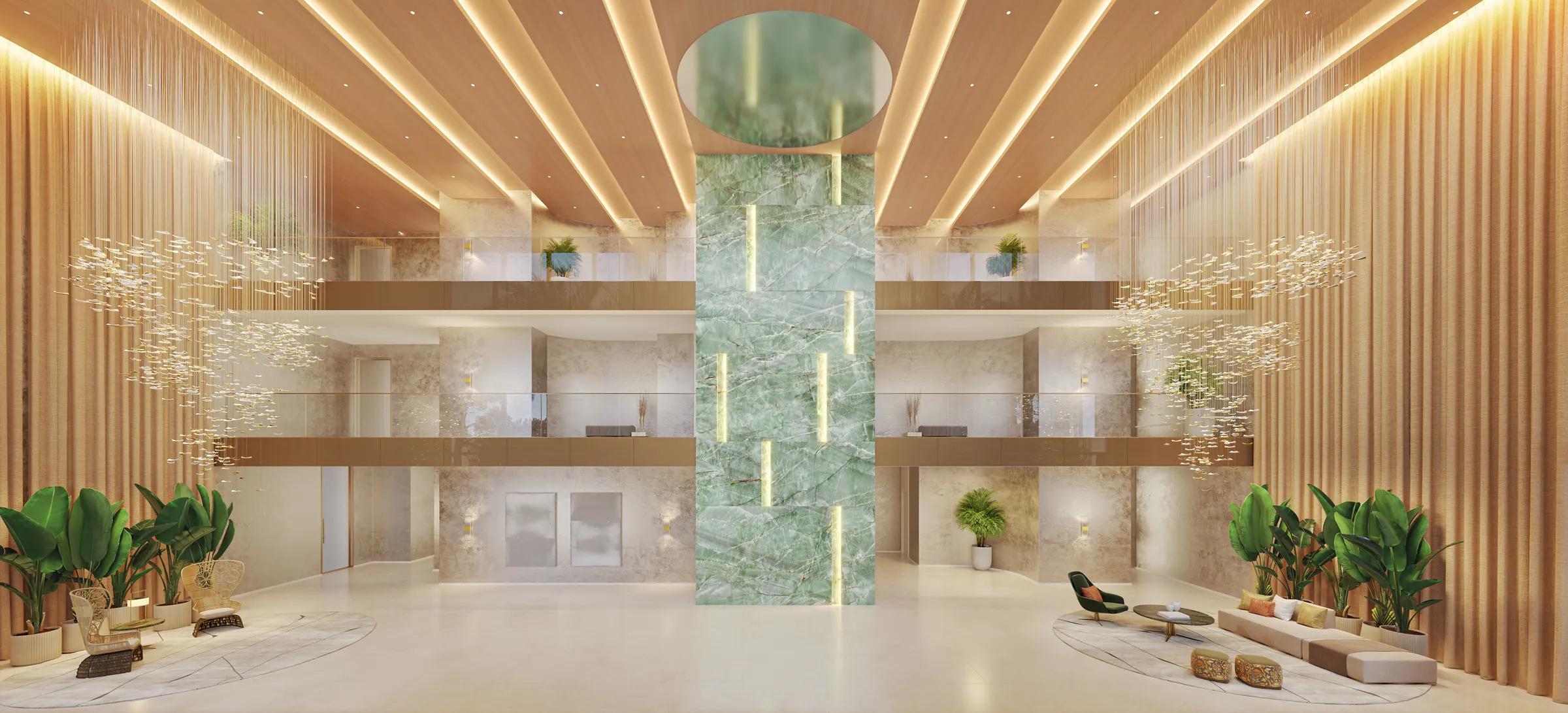 Lobby residencial com painel de mármore verde iluminado do piso ao teto, com pé-direito duplo.