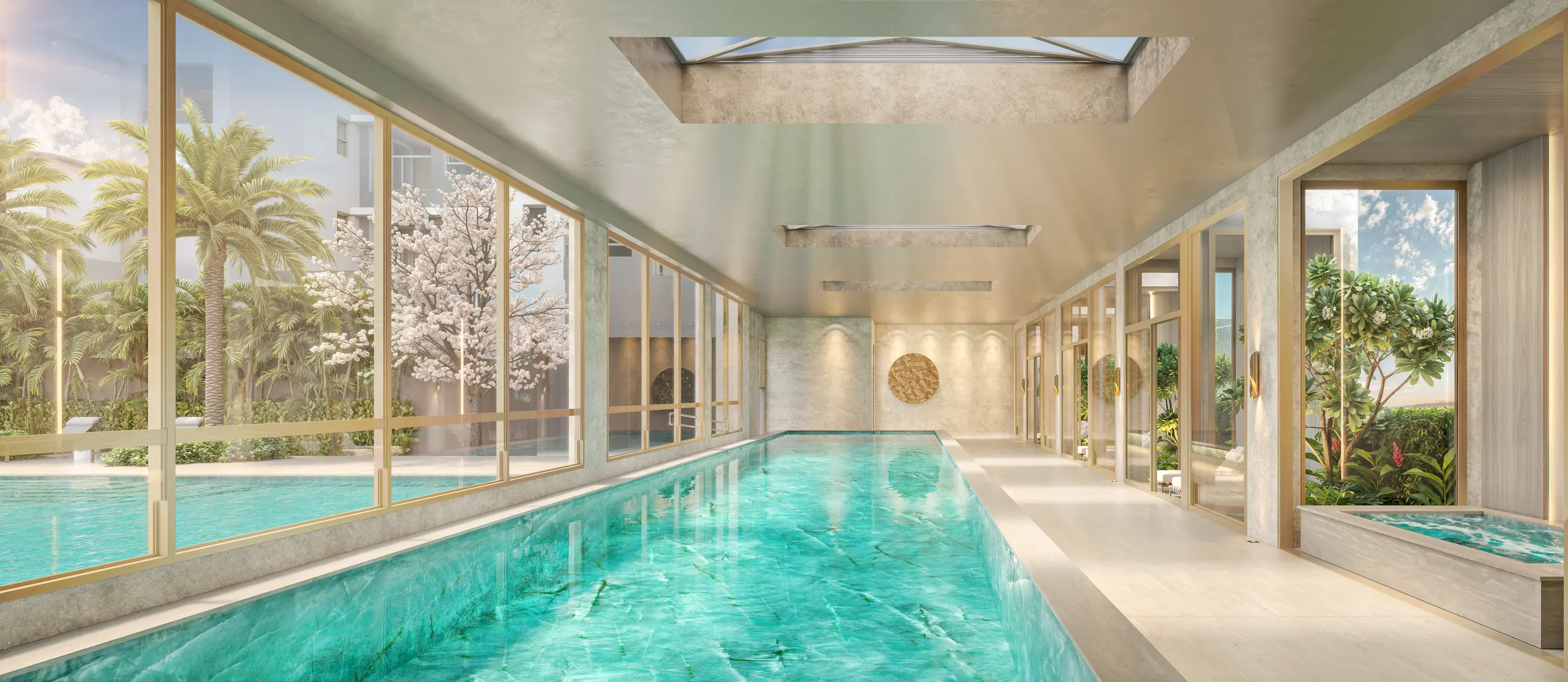 Piscina coberta com raia de 25 metros, com esquadrias de piso a teto e claraboia sobre a água.