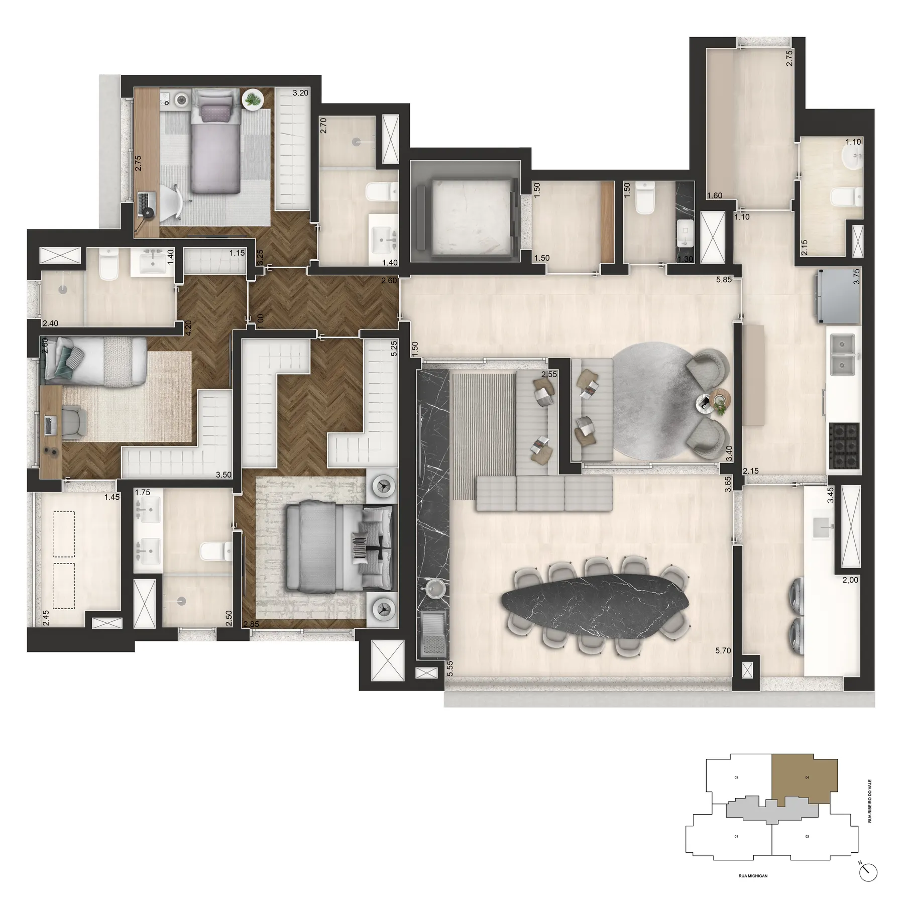 Planta padrão do apartamento de 145 m², com três dormitórios e cozinha fechada.