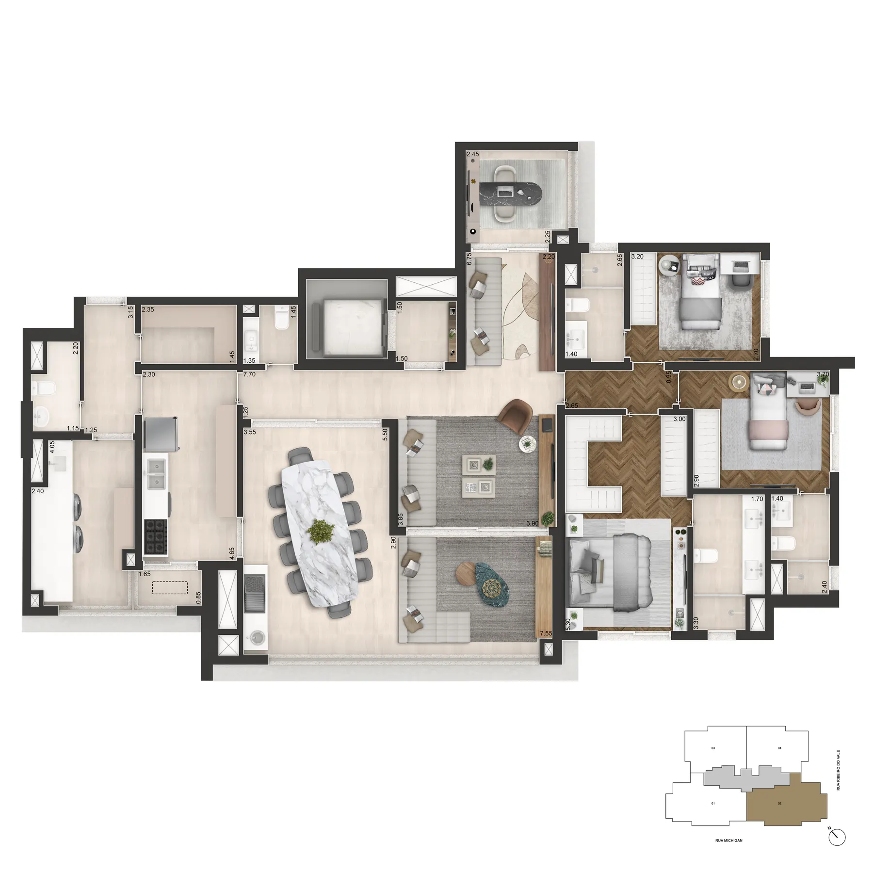Planta padrão do apartamento de 178 m², com três dormitórios e living em duas frentes.