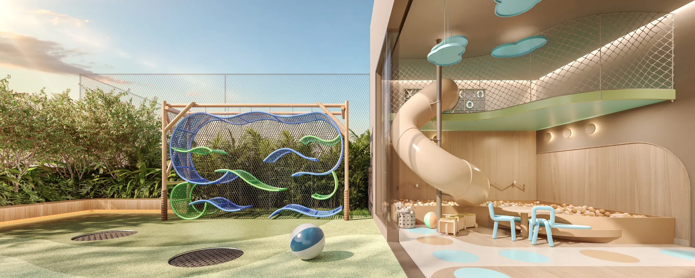 Playground externo com rede de escalada em azul e verde, ao lado da brinquedoteca envidraçada.