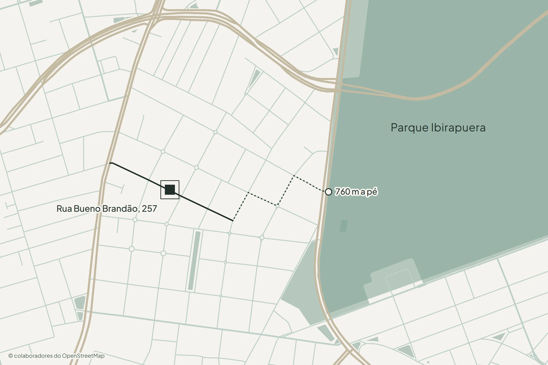Mapa do entorno: o prédio na Rua Bueno Brandão, 257, e o caminho a pé de 760 m até o Portão 7 do Parque Ibirapuera.