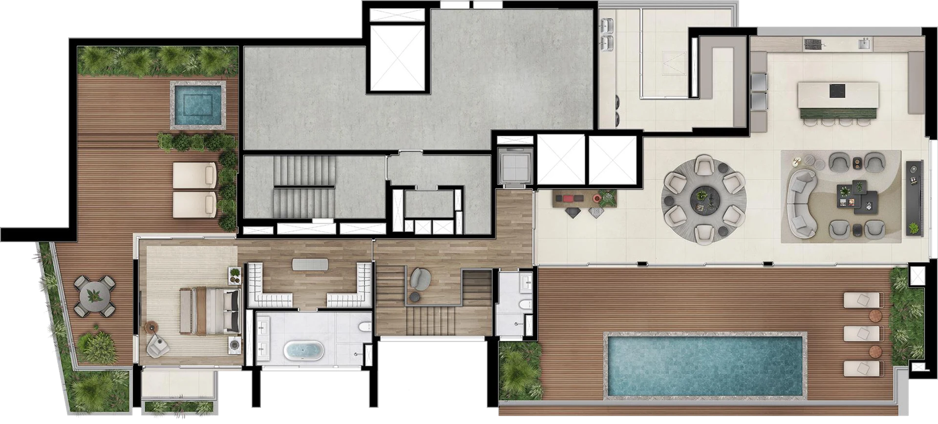 Planta do pavimento superior da cobertura, no 26º andar, com suíte master, sala de jantar, lounge e terraço com piscina.