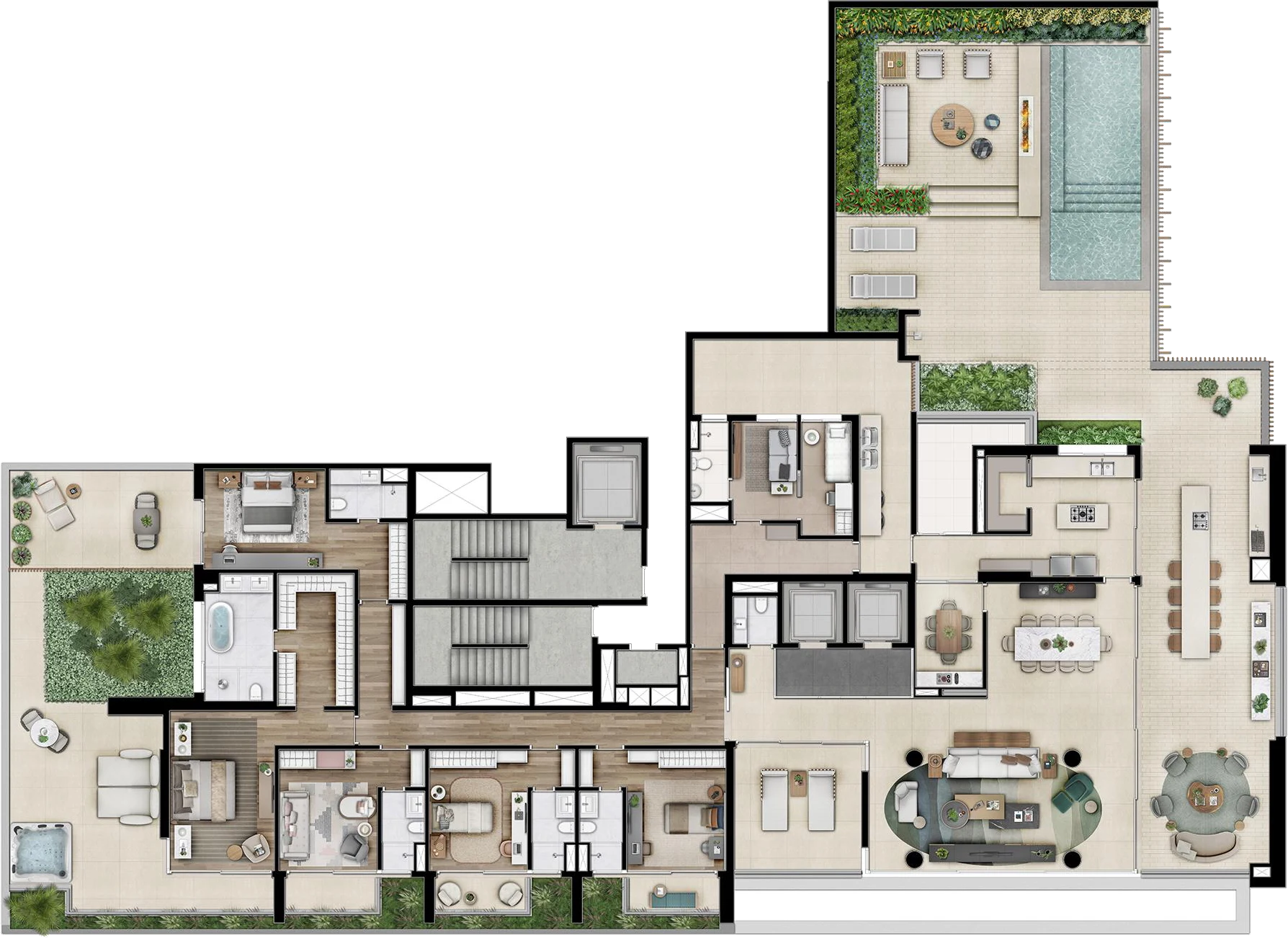 Planta do garden de 711 m², com cinco suítes, terraço social coberto e área descoberta com piscina privativa.