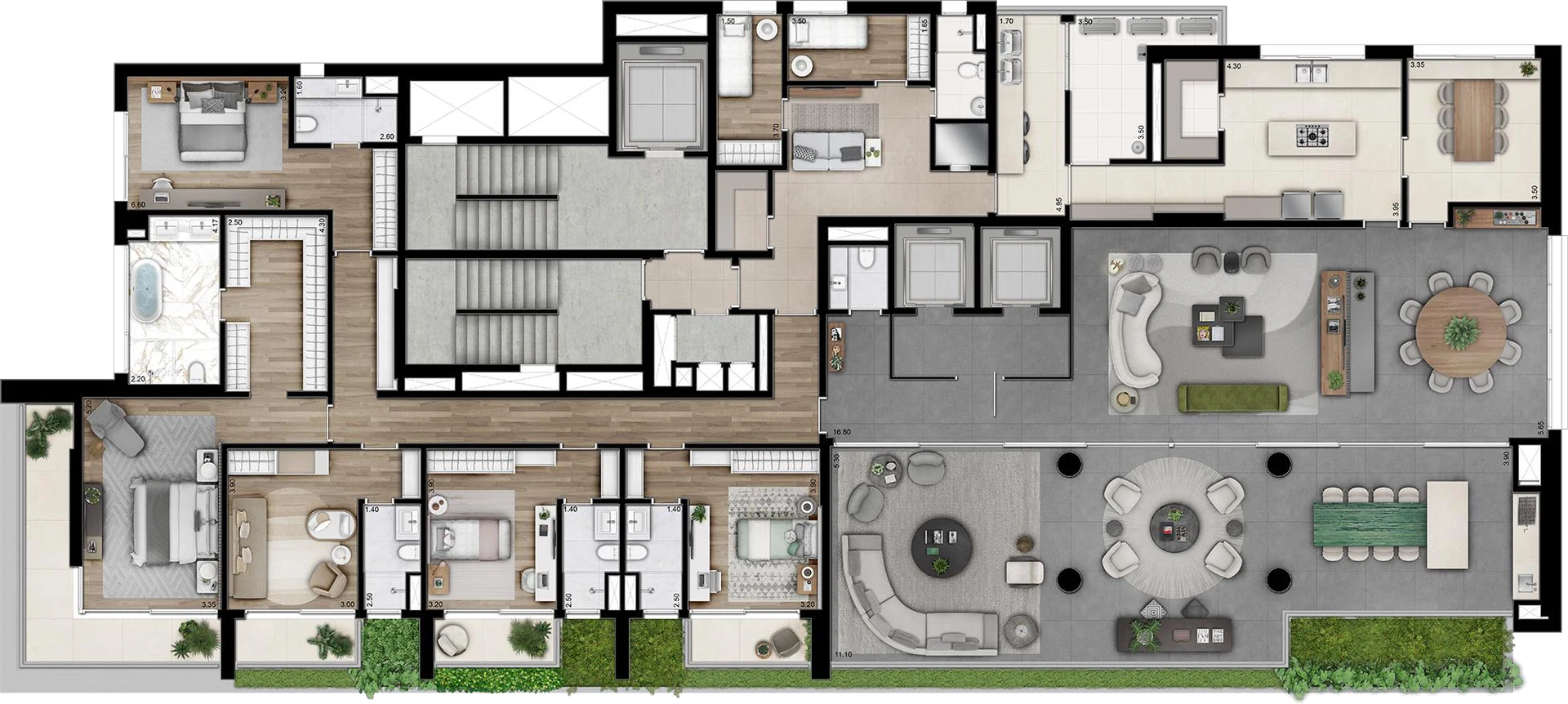 Planta do apartamento tipo de 500 m², com cinco suítes, living com terraço, sala de almoço, cozinha e área de serviço.