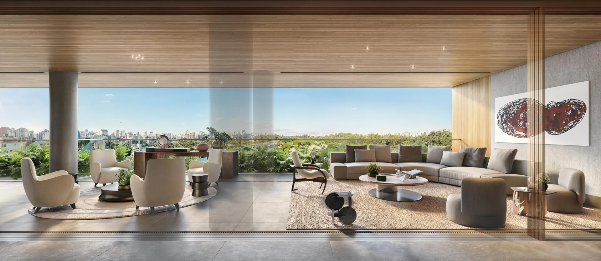 O living e o terraço social de um apartamento tipo, decorados, abertos para as copas das árvores.