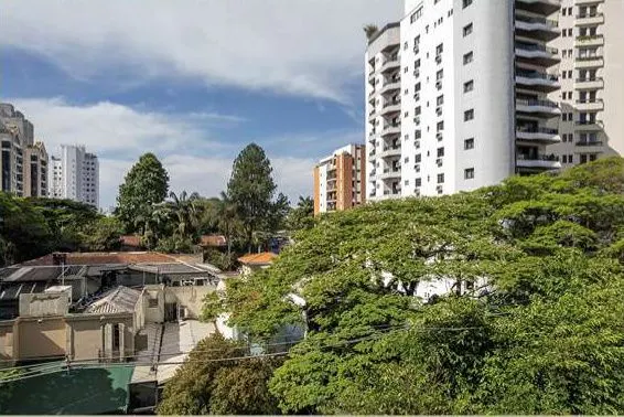 Vista Sky do 3º andar, unidade 31: prédios e copas de árvores da Vila Nova Conceição, em foto de drone.